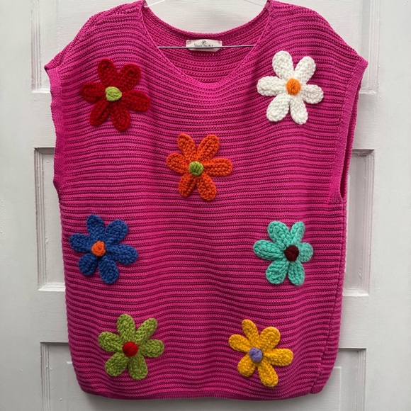 Sweaters - Yiayia Ponytail Womens L Pink Chunky Knit Floral Crochet Sweater Top